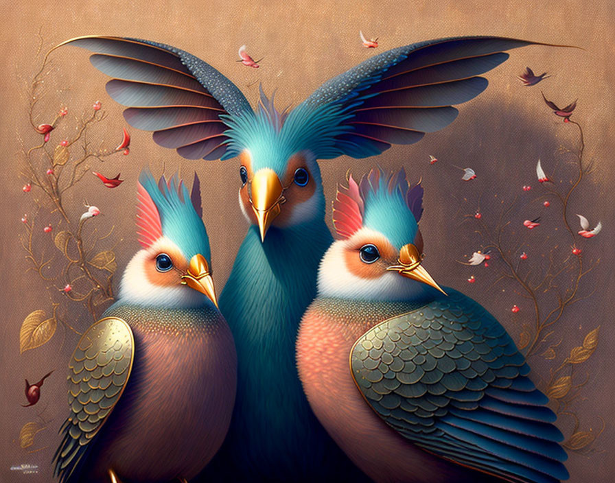 Vibrant digital artwork of three stylized birds with elaborate plumage