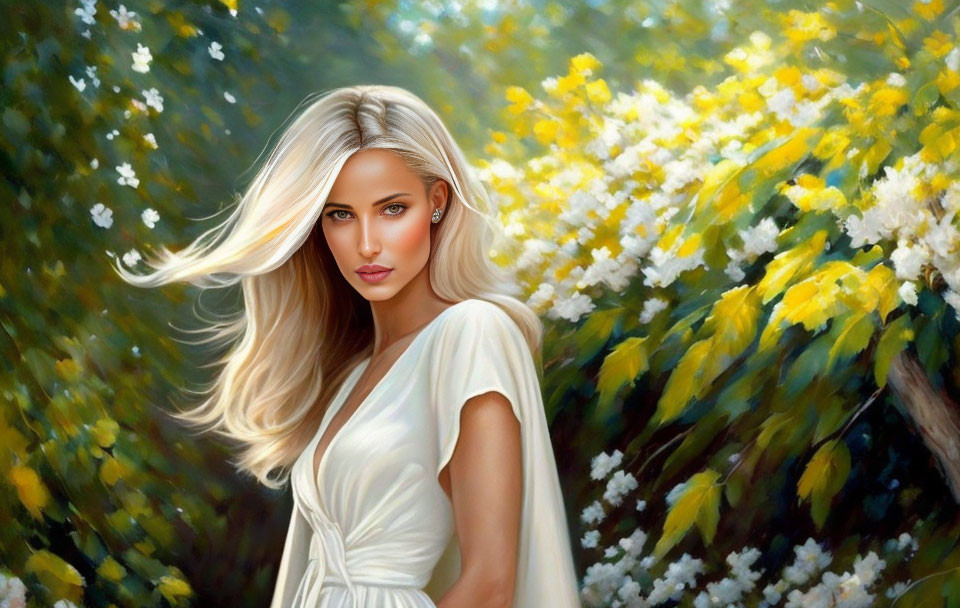 Blonde Woman in White Dress Surrounded by Yellow and White Flowers