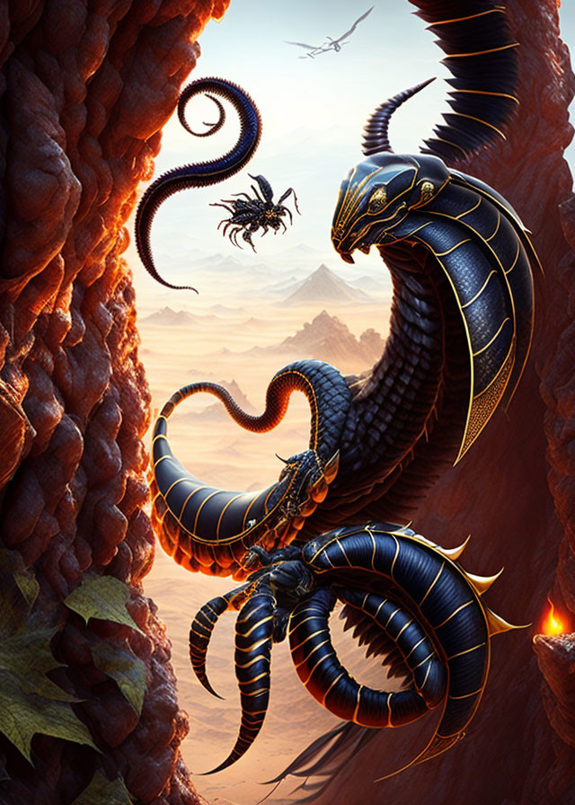 Fantasy artwork: Mechanical serpents in desert canyon, confront scorpion, fly in sky