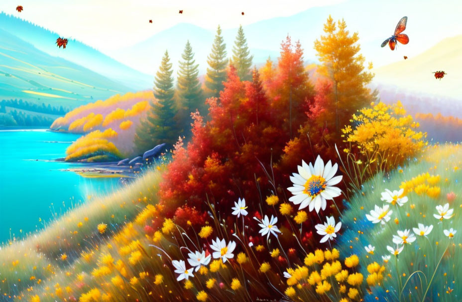 Colorful riverside scene with autumn trees, flowers, butterflies, hills.