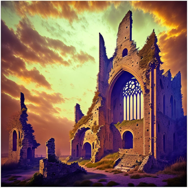 Gothic church ruins at sunset with golden sky and overgrown vegetation