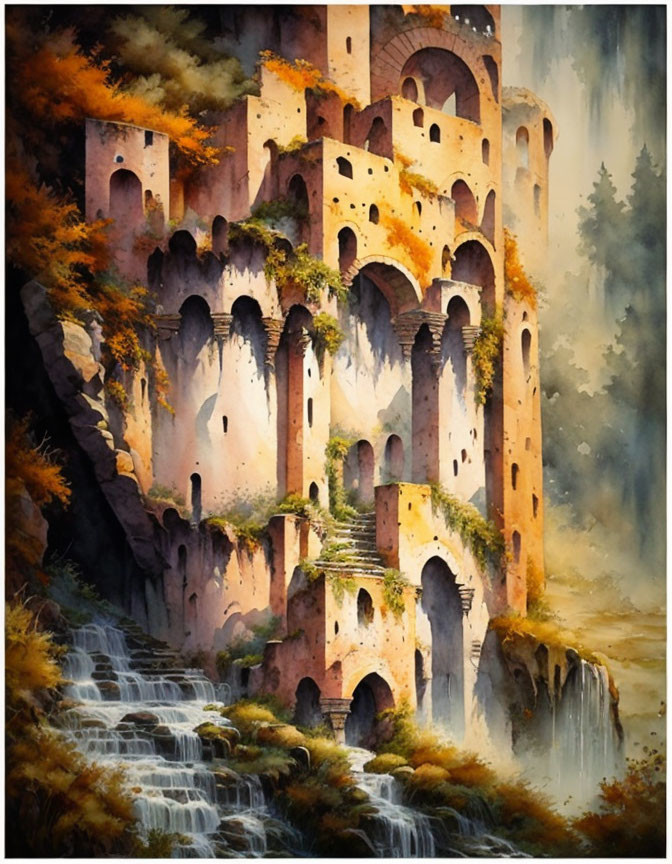 Ethereal painting of ancient stone fortress in misty forest