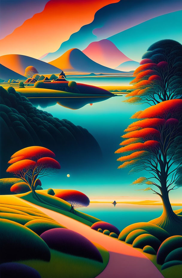 Colorful Surreal Landscape with Layered Hills, Stylized Trees, and Sunset Sky