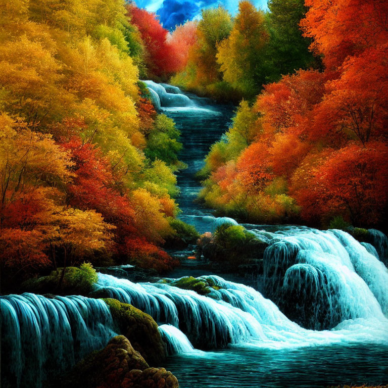 Colorful autumn waterfall surrounded by red, orange, and yellow trees