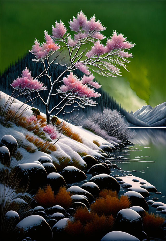 Blossoming tree in snowy landscape with lake and mountains