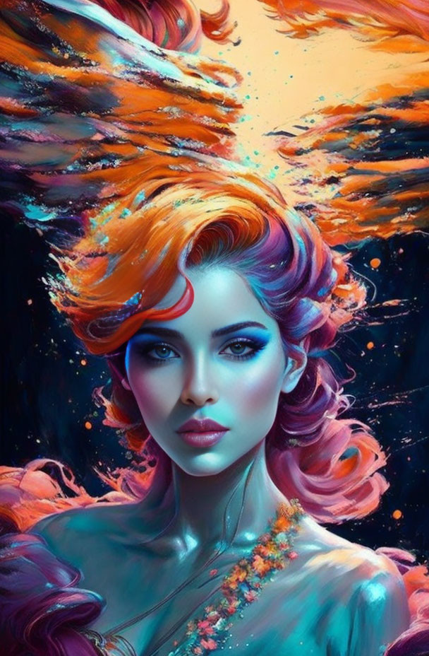 Colorful digital artwork: Woman with multicolored hair in cosmic background