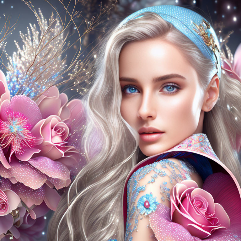 Fantasy-themed illustration of woman with blue eyes, silver hair, and floral elements