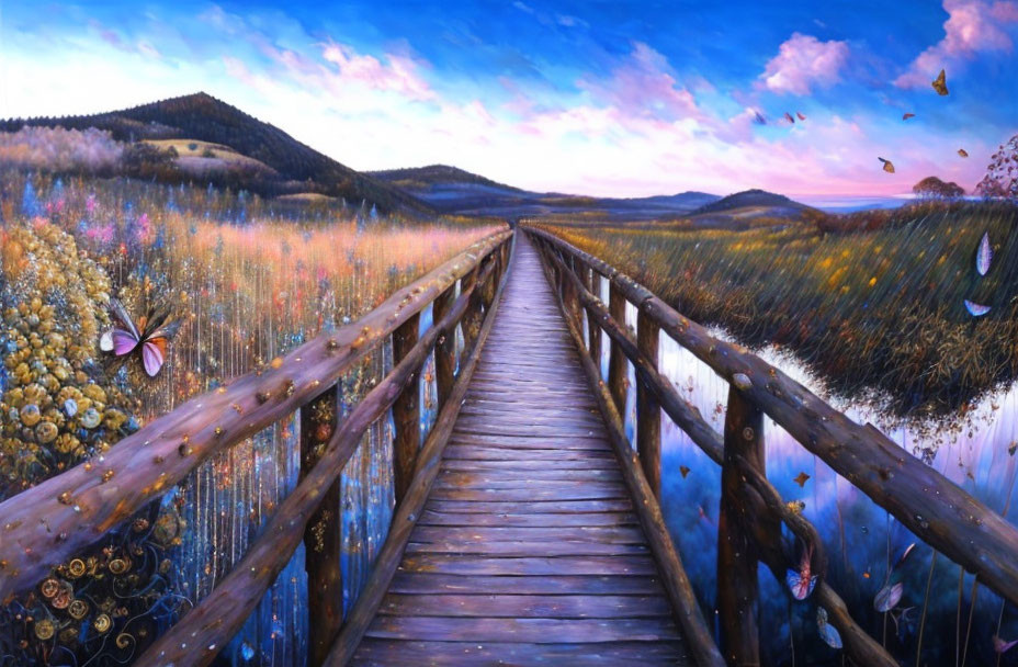 Colorful painting of wooden boardwalk in lush landscape with butterflies