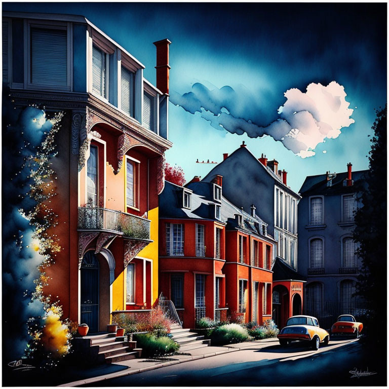 Vibrant urban street scene with classic cars and colorful townhouses