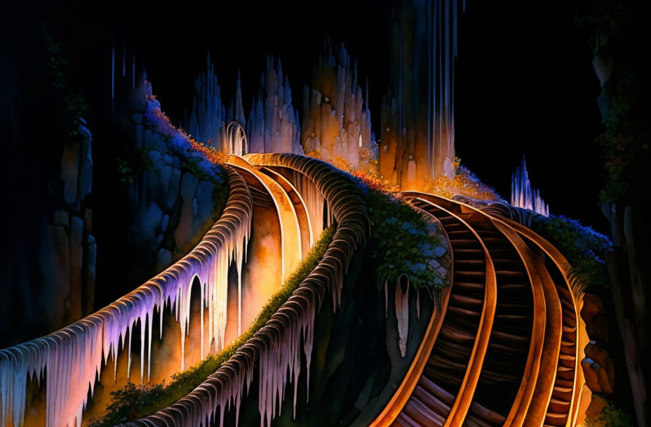 Colorful roller coaster track in fantasy landscape