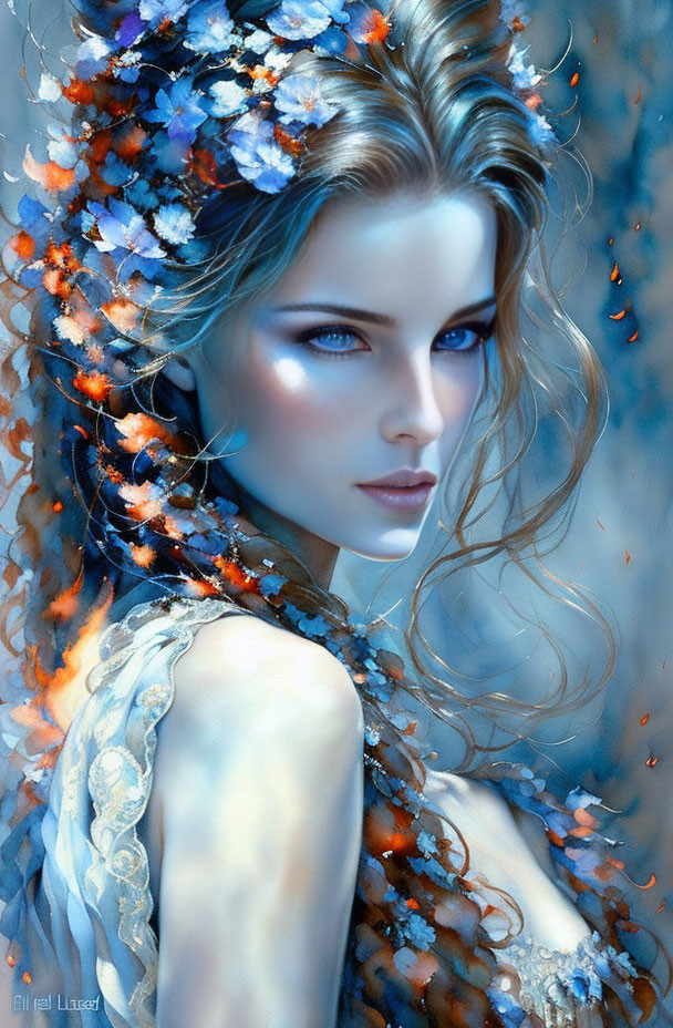 Fantasy-style painting of woman with blue eyes and floral headdress