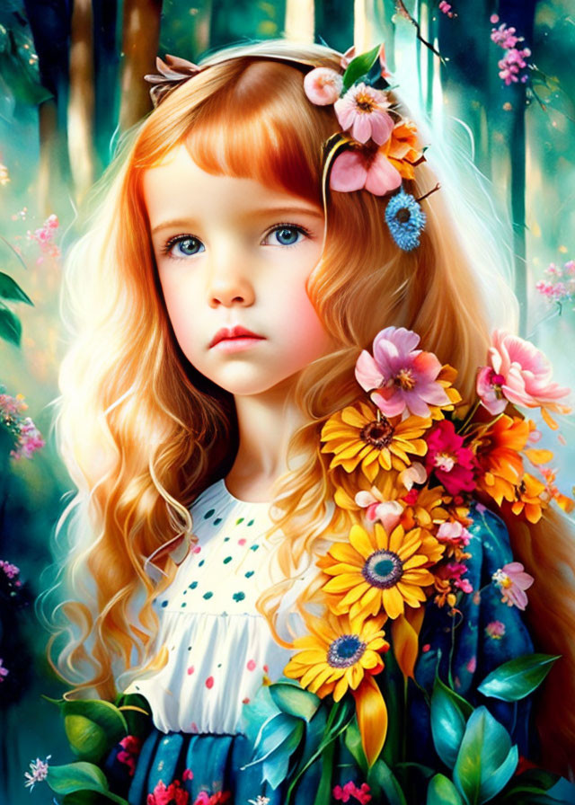 Digital Art: Young Girl with Blond Hair and Blue Eyes in Whimsical Forest