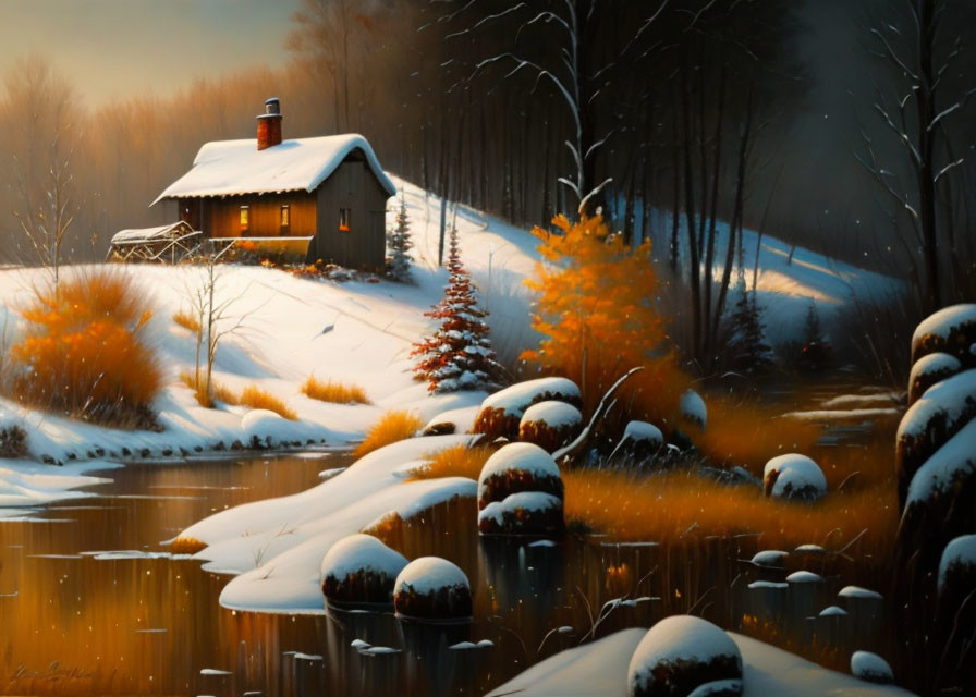 Snow-covered river cabin in winter scene with warm lighting