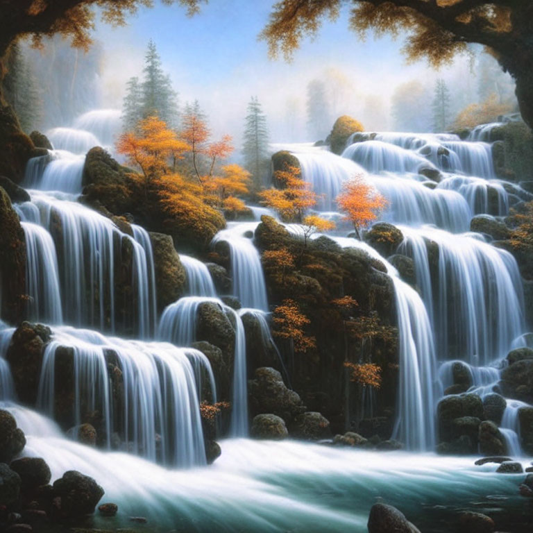 Tranquil waterfall cascading through autumn trees