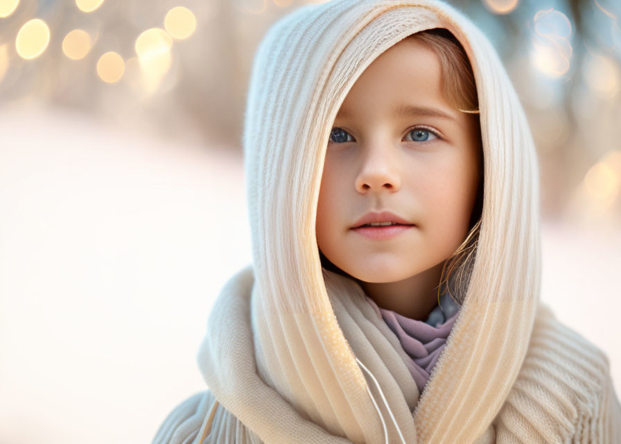 Child in Beige Scarf with Light Eyes in Winter Scene