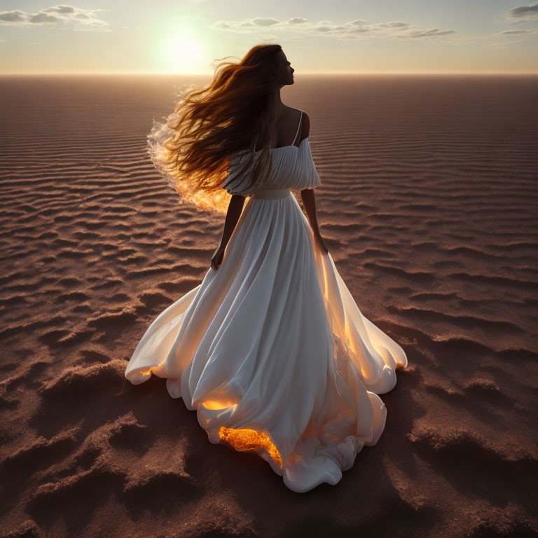 Woman in flowing white dress in desert at sunset with hair in motion