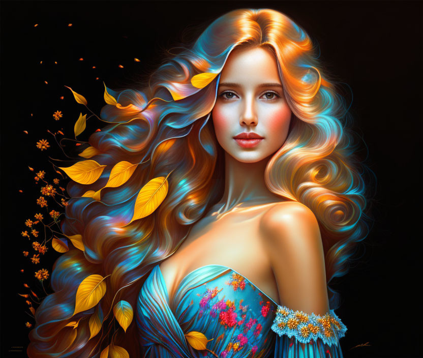 Multicolored hair woman illustration with autumnal fantasy theme