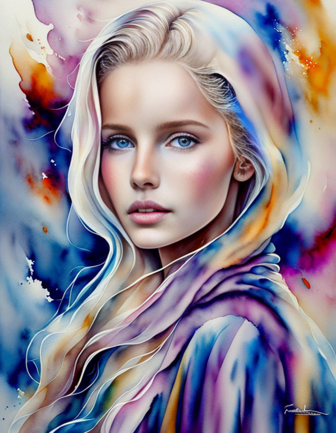 Woman with Striking Blue Eyes in Vibrant Watercolor Surroundings