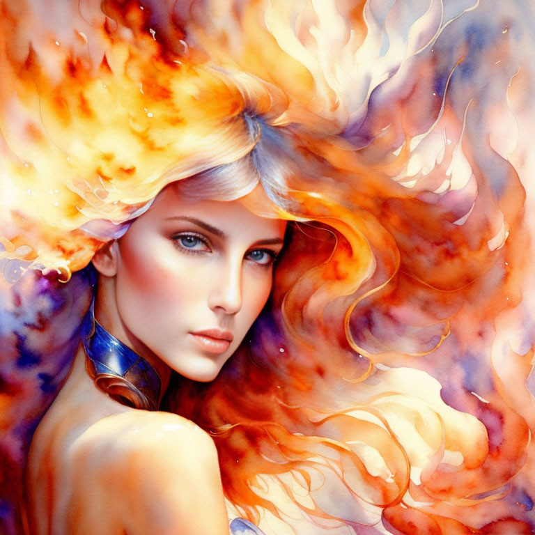 Vibrant painting of woman with fiery hair and cool blue background