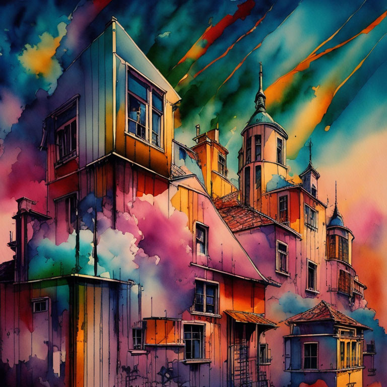 Whimsical Watercolor Painting of Exaggerated Buildings