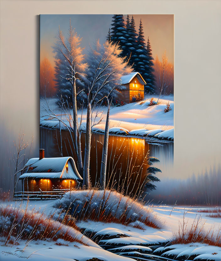 Winter Cabin Painting: Cozy Retreat by Frozen Lake