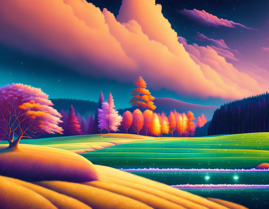 Colorful landscape with rolling hills and vibrant trees under a sunset sky