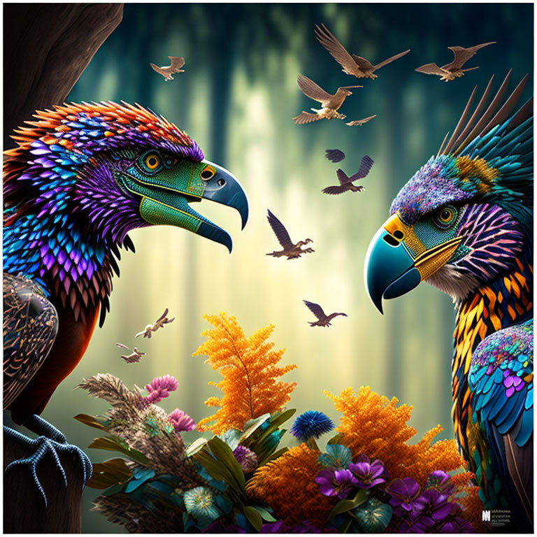 Colorful Parrots Among Lush Foliage in Mystical Forest