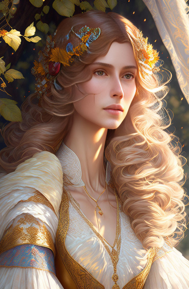 Digital artwork: Woman with golden curls, autumn leaf headpiece, white & gold dress