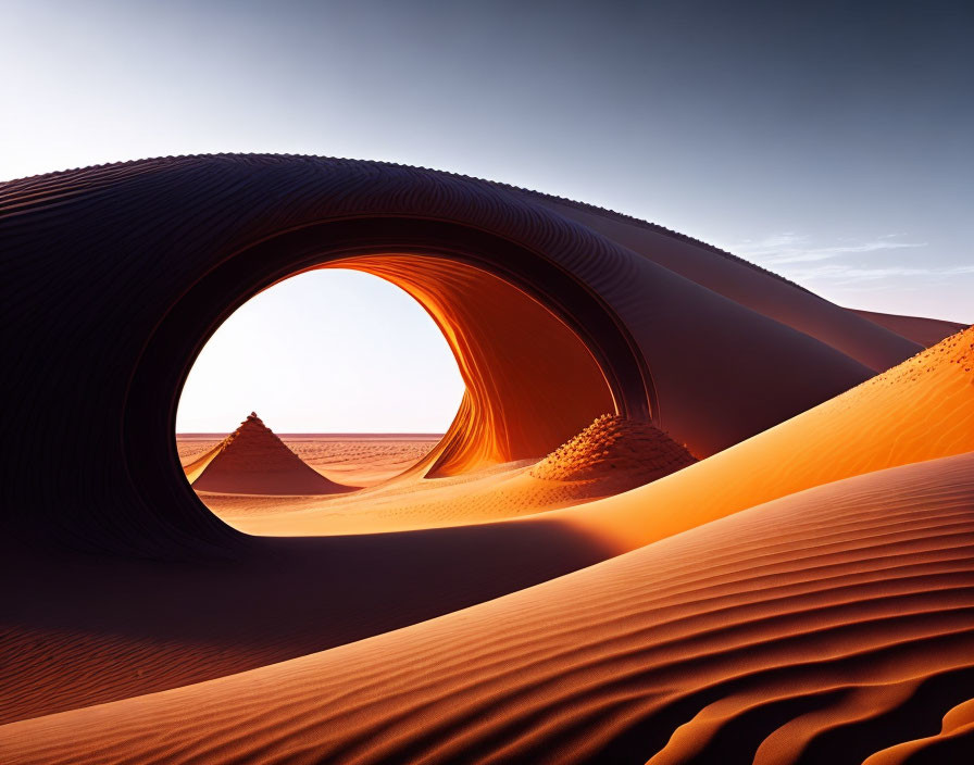 Desert Dunes and Arch Against Blue Sky