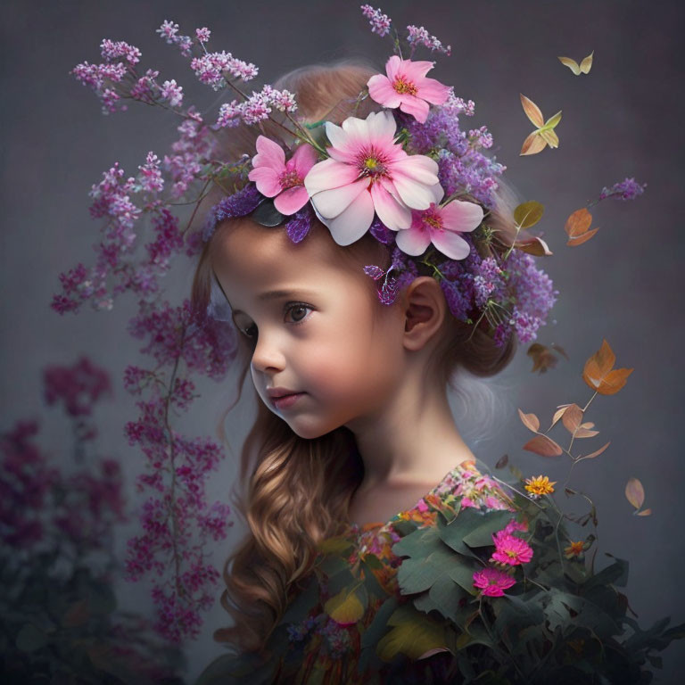 Young girl with floral wreath in dreamy setting among purple flowers and butterflies