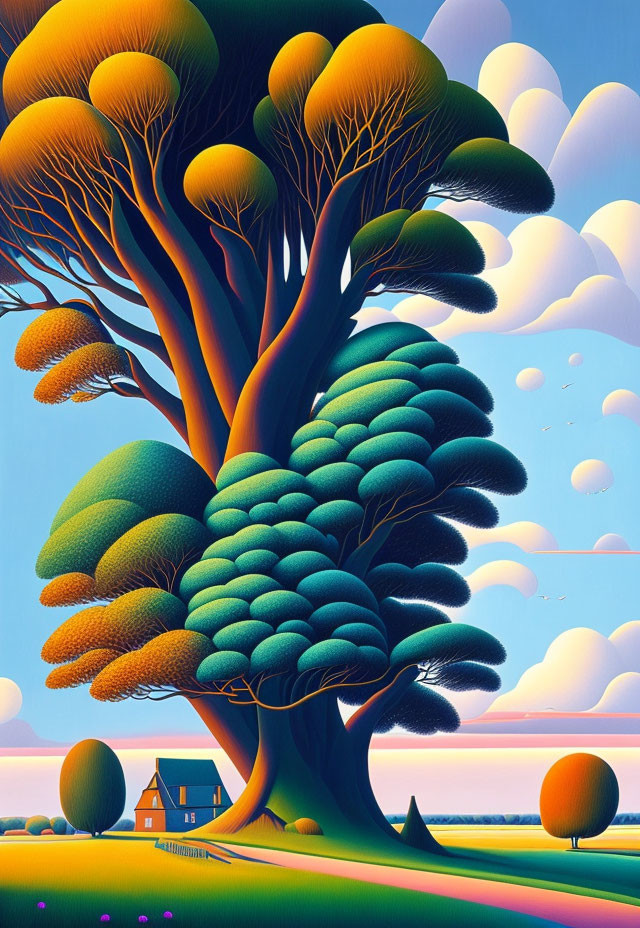 Colorful Tree Painting with Whimsical Landscape