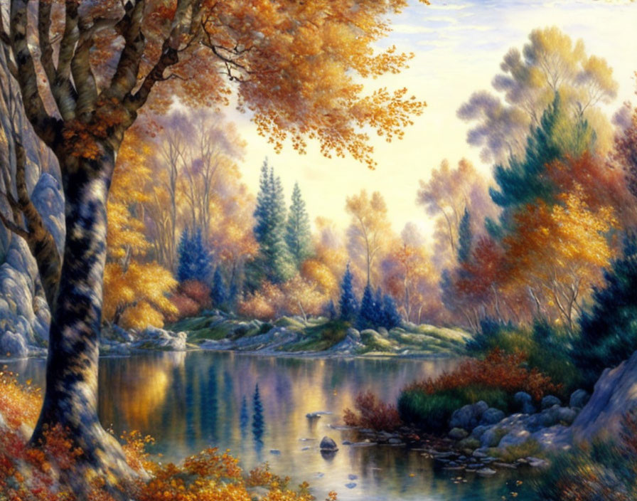 Tranquil autumn landscape with river, rocks, trees, and golden foliage