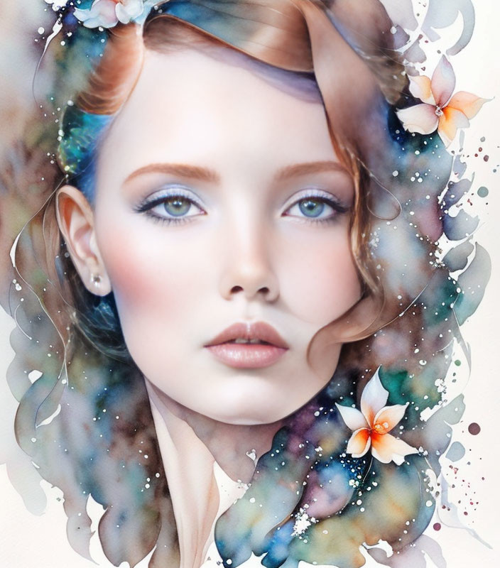 Woman's portrait with vibrant watercolor effects blending into flowers and butterflies.