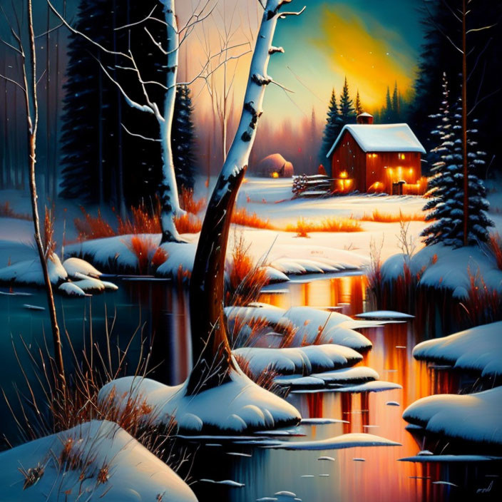 Snowy river bank cabin surrounded by trees at twilight