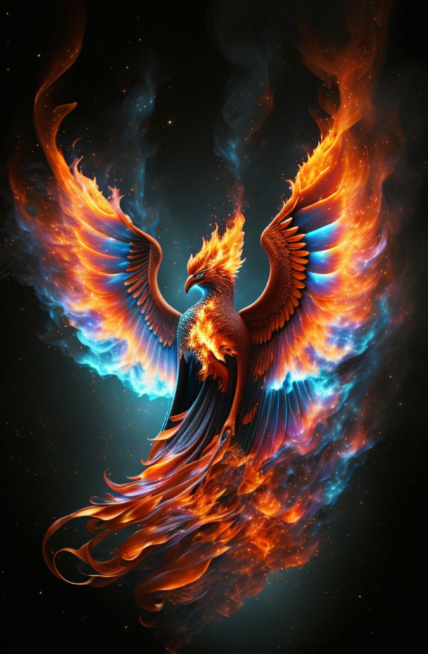 Majestic phoenix with fiery wings soaring in dark cosmic background