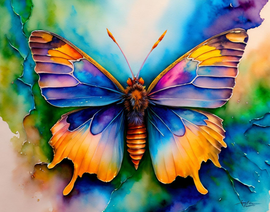 Colorful Watercolor Painting of Butterfly with Blues, Purples, Oranges, and Yell