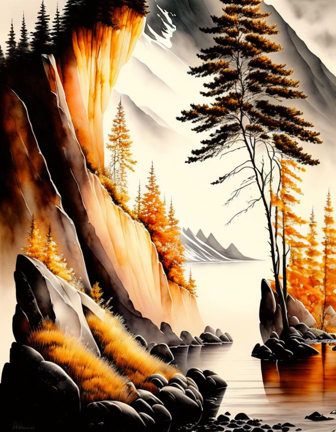 Autumn landscape painting: serene lake, golden trees, cliffs, hazy mountain.