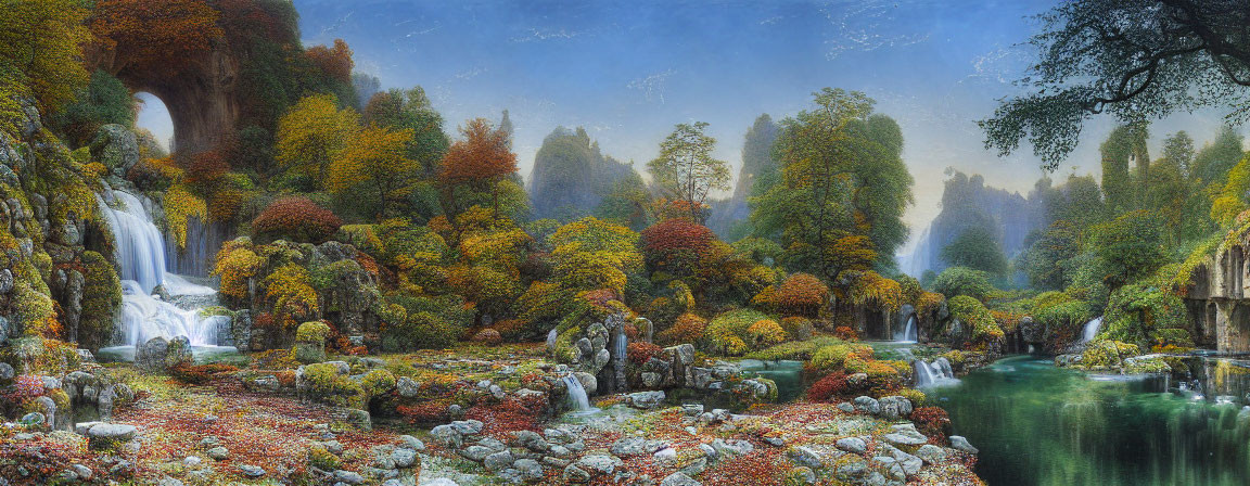 Panoramic autumn landscape: waterfalls, colorful trees, tranquil river