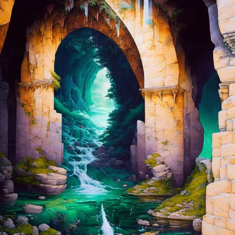 Stone archway frames cascading stream in lush, ethereal setting