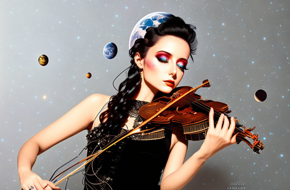 Woman with vibrant makeup playing violin in cosmic setting.