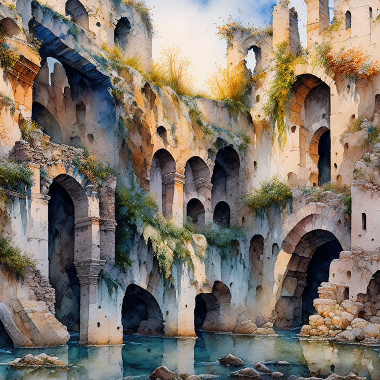 Detailed watercolor painting of ancient stone bridge ruins in a serene setting