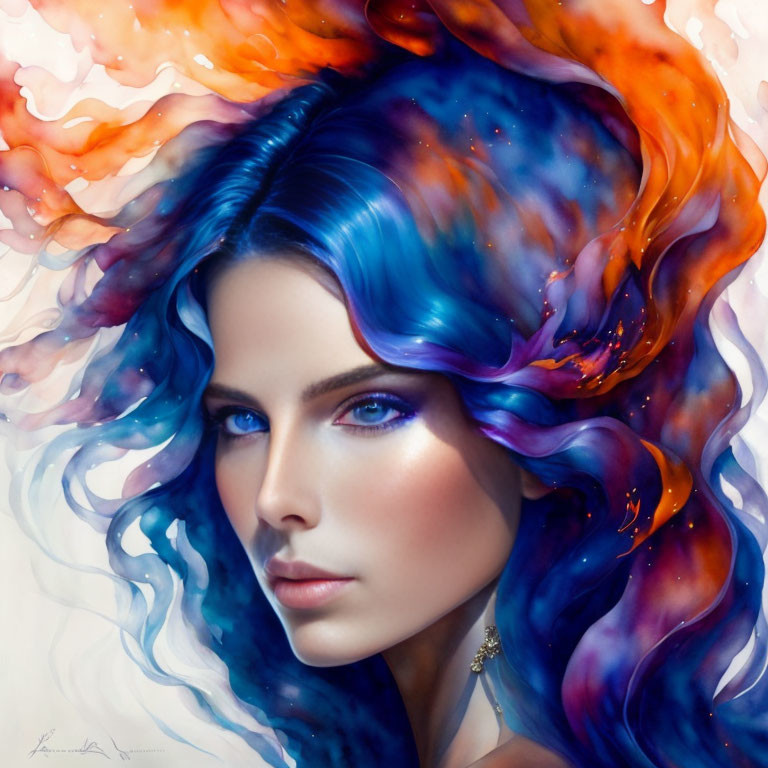 Digital artwork: Woman with vibrant blue eyes and multicolored, wavy hair.