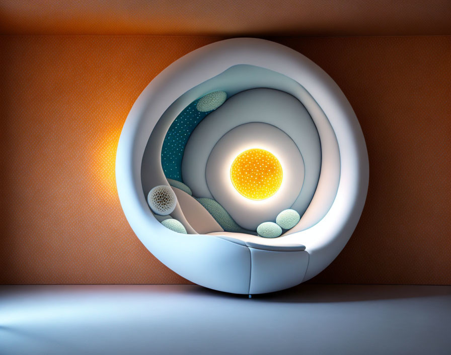 Circular spiral white chair with seashell design and glowing orb on orange backdrop