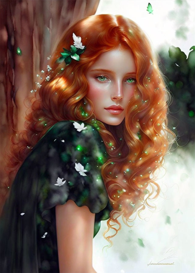 Digital artwork of woman with red hair and flowers, green eyes, emitting glow by tree.