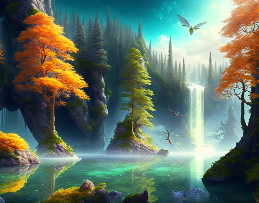 Vibrant orange-leaved trees, waterfall, river, lush greenery, and dragonfly in