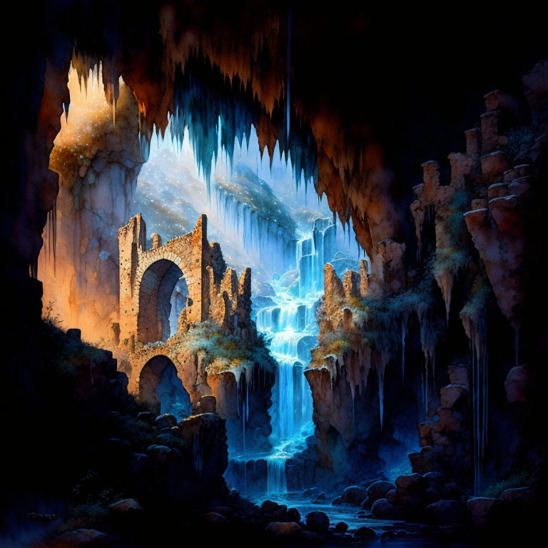 Ethereal underground waterfall in ancient ruins with blue light