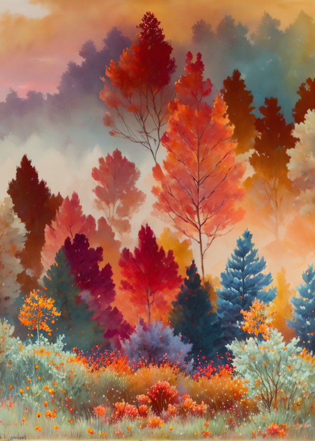 Colorful autumn forest with red, orange, and blue trees and blooming wildflowers