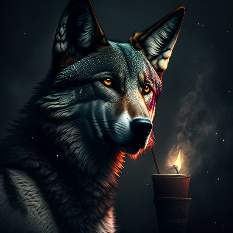 Anthropomorphic wolf digital art with striking eyes and steaming cup