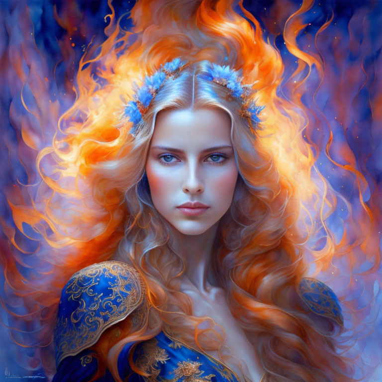 Fantastical portrait of a woman with fiery orange hair and blue flowers, set in mystical blue and