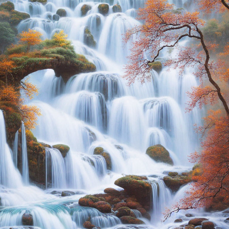 Scenic waterfall in lush greenery with autumn foliage.